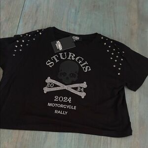 Black Rhinestone Skull Crop Top - Women's